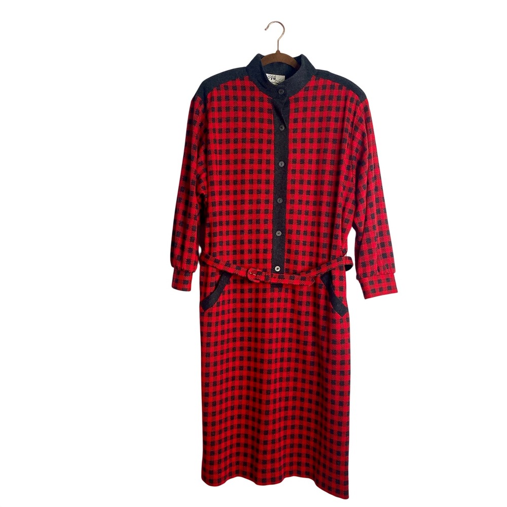 Vtg 80s Willi of California Plaid Sweater Dress Red Black Modest Cabin Plaid